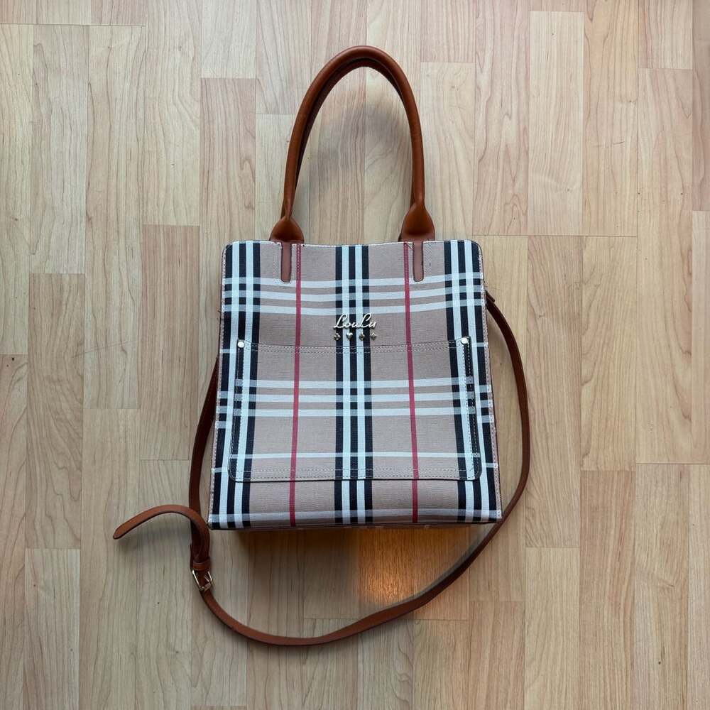 LouLu Plaid Print Tan Black White Tote Purse Handbag with Brown Crossbody Straps